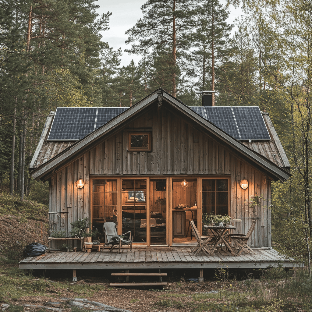Rustik svensk stuga med solpaneler i en skogsmiljö.
