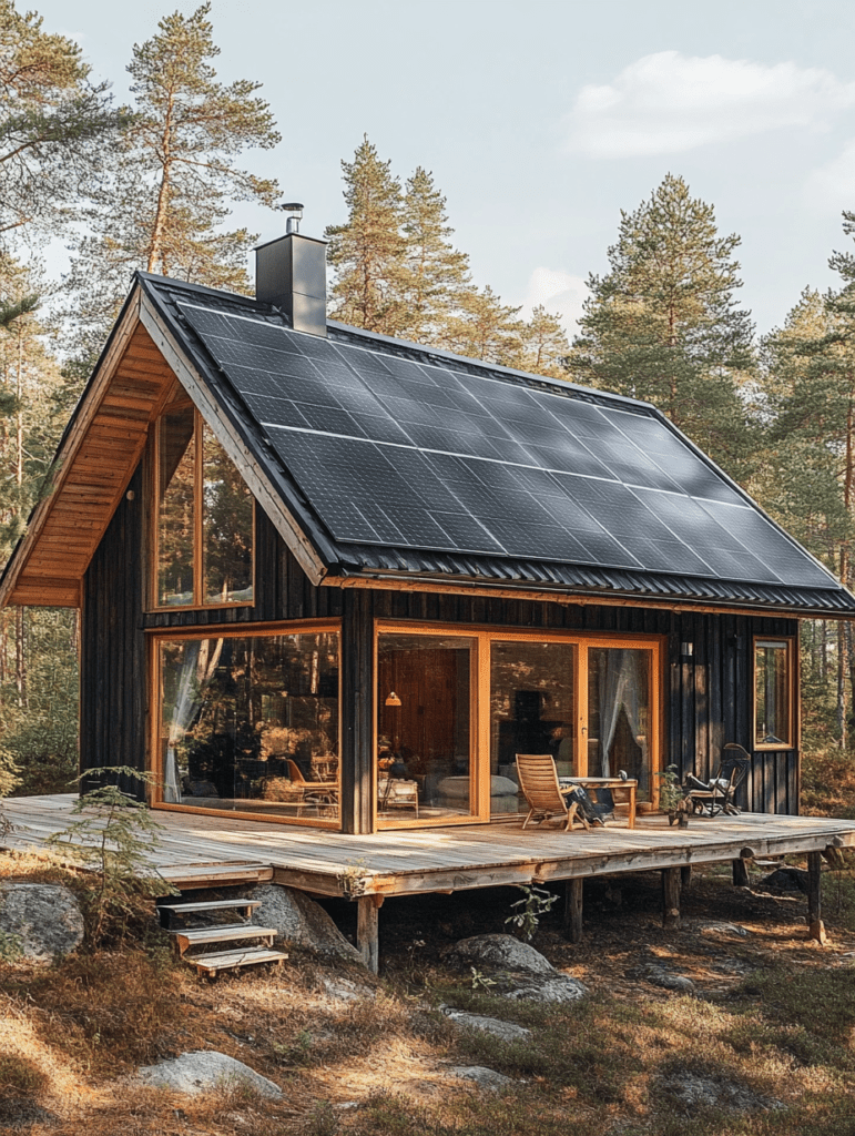 Rustik svensk stuga med solpaneler i en skogsmiljö.