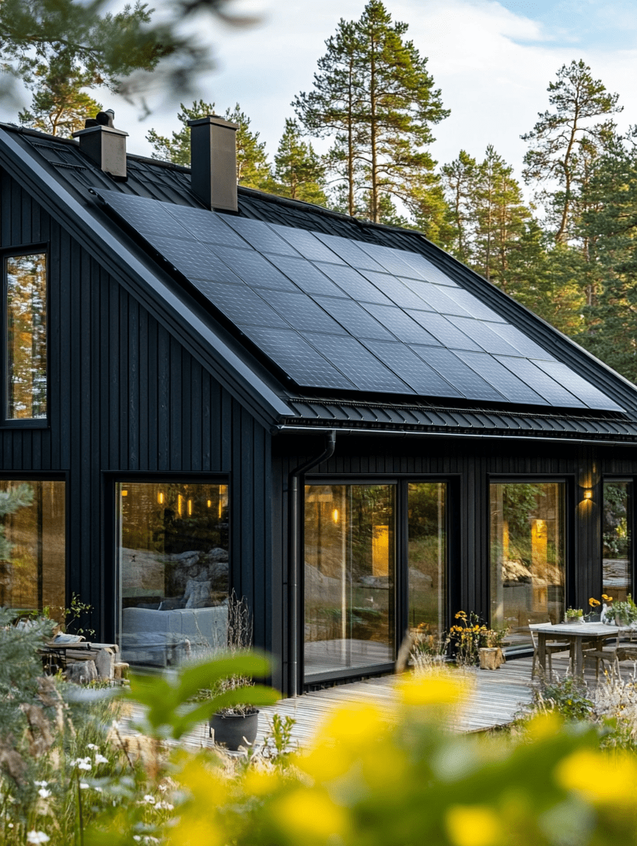 Modern villa med stora fönster och solpaneler på taket, omgiven av en grönskande trädgård.