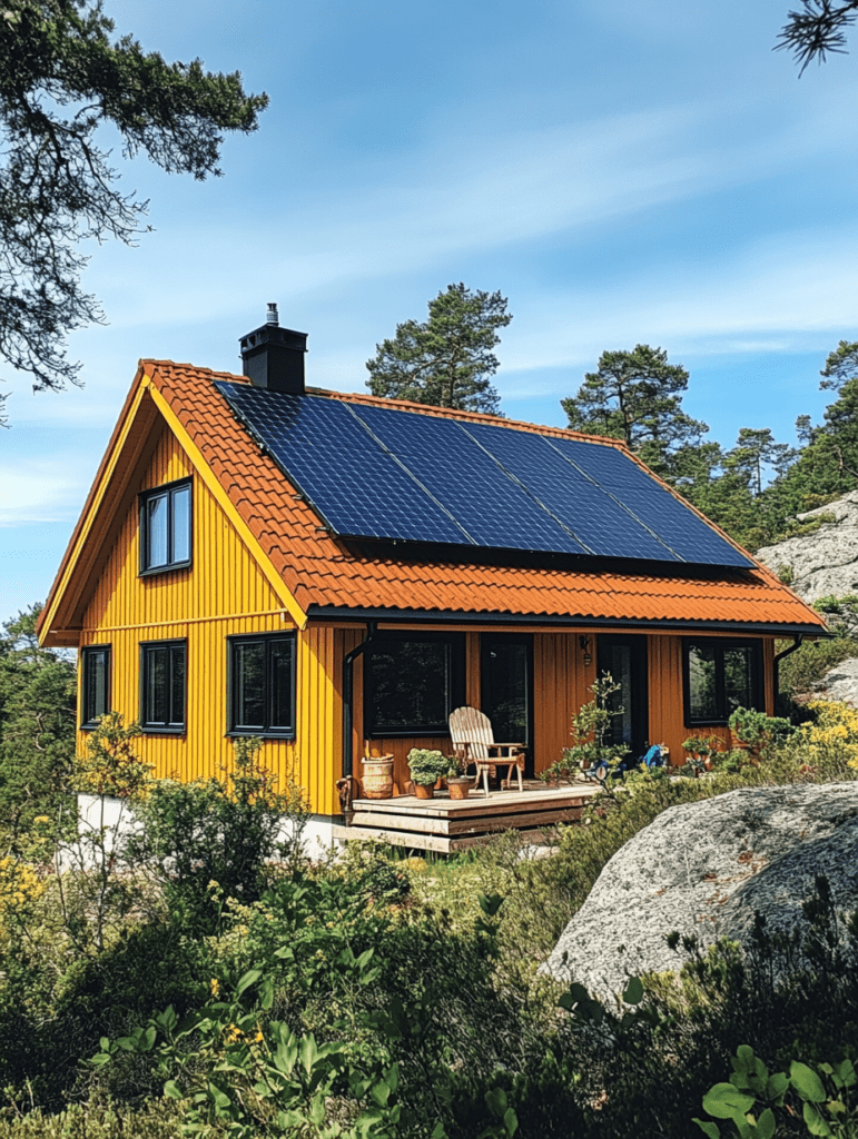 Svenskt kusthus med solpaneler och utsikt över Östersjön.