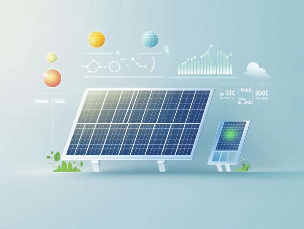 Illustration av ett solpanels datablad med grafer och symboler som visar Pmax, Voc, och STC, samt ljus- och temperaturpåverkan.