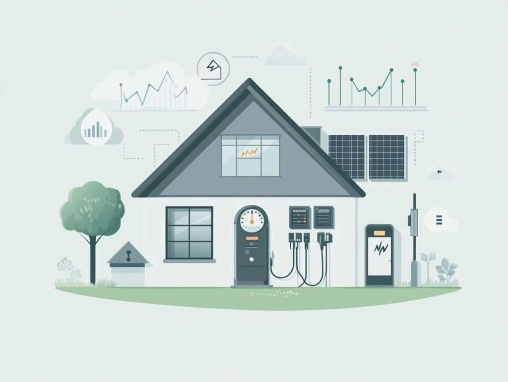 Illustration av ett hushålls elmätare med grafer som visar hög elförbrukning och kostnadsökning, samt symboler för solpaneler, elbilsladdning och batterilagring.