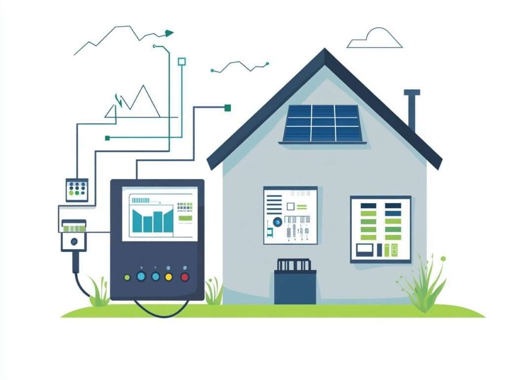 Illustration av en smart elmätare ansluten till en solcellsanläggning, med realtidsdata och ikoner för batterilagring och energikonsumtion.