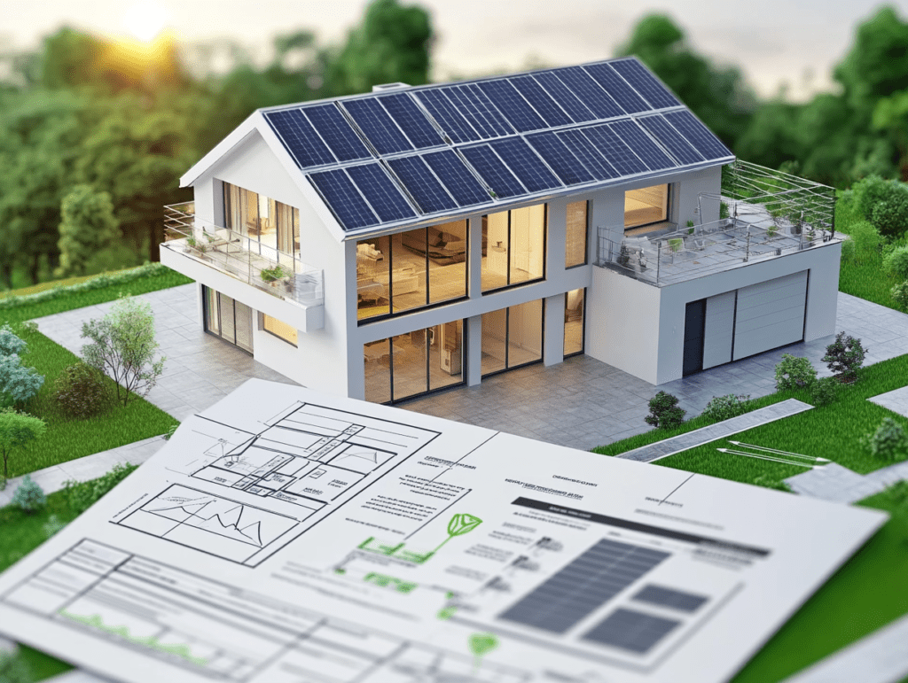 Illustration av ett modernt hus med solpaneler på taket och en finansiell dokumentation i förgrunden som representerar ett solcellslån