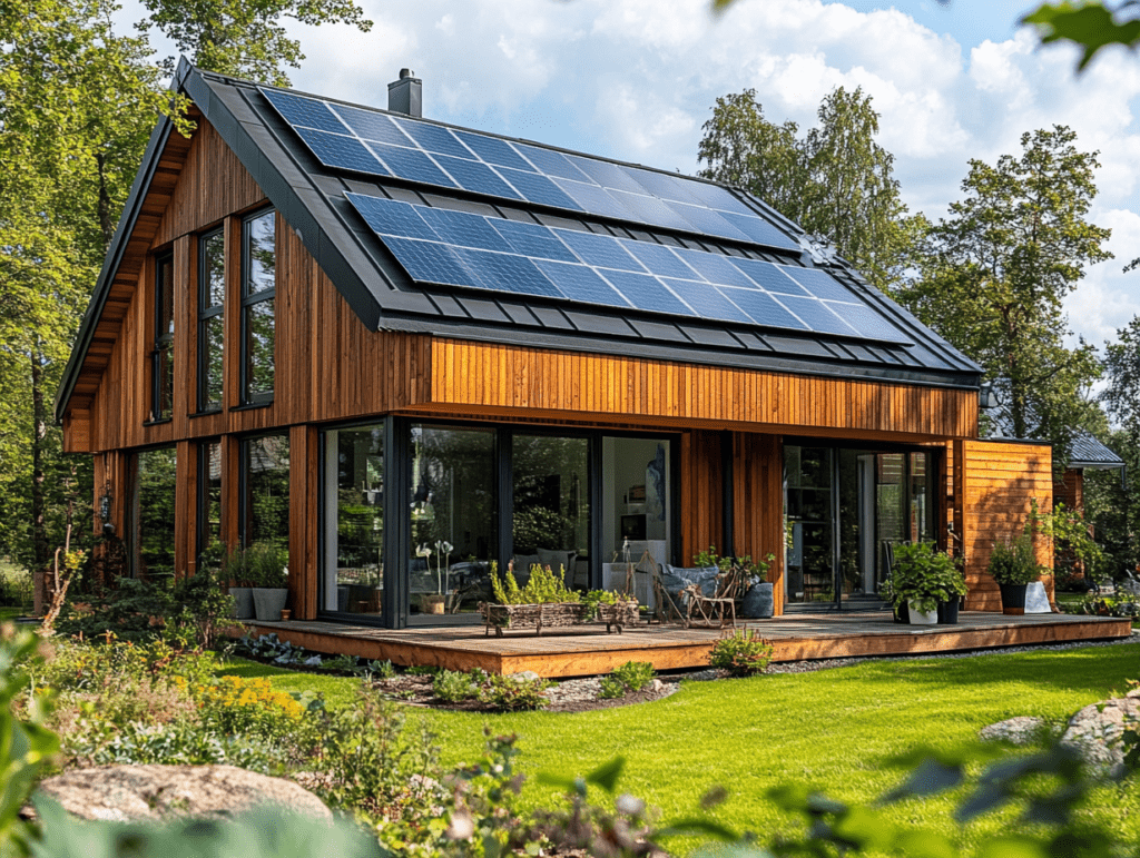 Villa med solceller och batterilagring i ett svenskt landskap, som visar energiflödet mellan solpaneler och ett batterisystem.