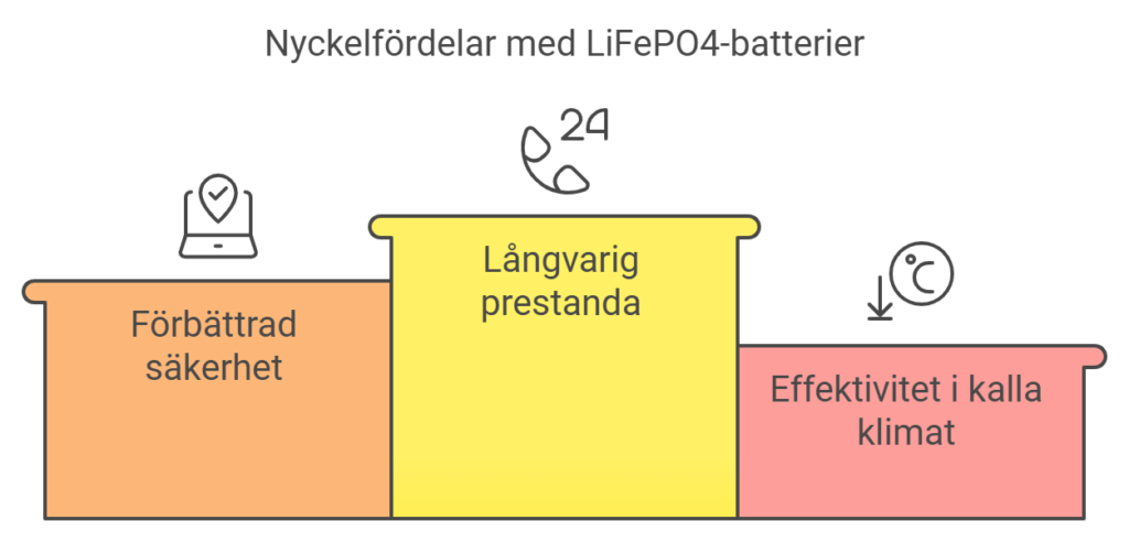 Illustration av nyckelfördelar med LiFePO4-batterier, inklusive förbättrad säkerhet, långvarig prestanda och effektivitet i kalla klimat.