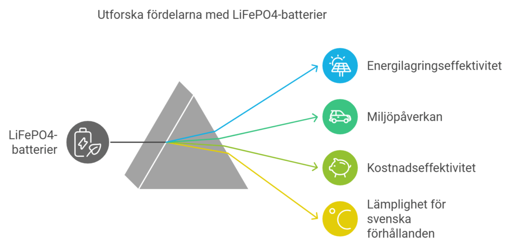 Diagram som visar fördelarna med LiFePO4-batterier, med fokus på energilagringseffektivitet, miljöpåverkan, kostnadseffektivitet och lämplighet för svenska förhållanden.
