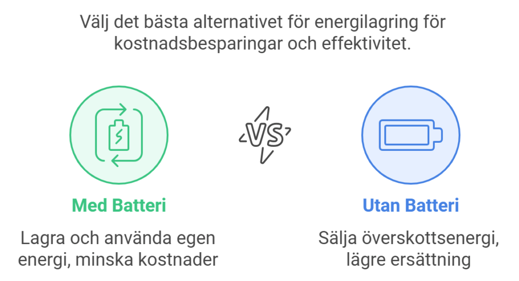 Jämförelse mellan att använda batterier för energilagring och att sälja överskottsenergi utan batterier.