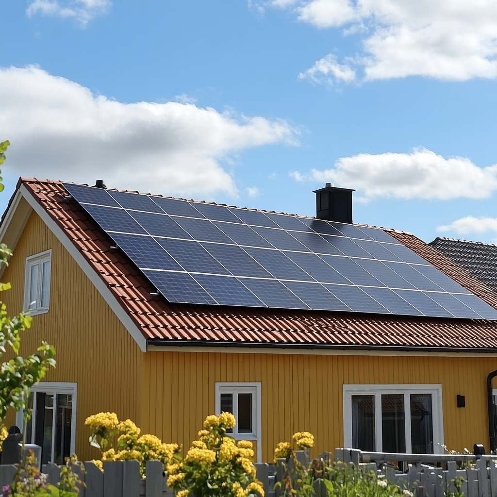 Solpaneler monterade på ett tak i söderläge.